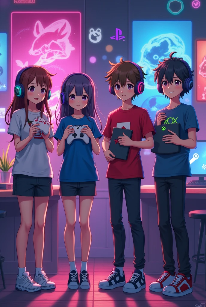 A girl Logo PlayStation, a boy logo Xbox, a girl logo Nintendo, and a boy logo Steam tenant un ordinateur portable a la main avec un casque sur la tête anime