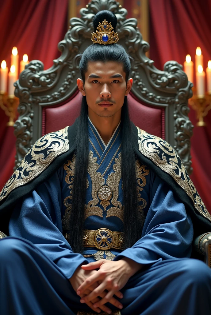 A handsome Asian king from the North Kingdom, with short black hair and black raven eyes, wearing his blue, black and white with silver linings royal clothes with his gold crown that has sapphire stones in the middle while sitting on his throne inside his castle.