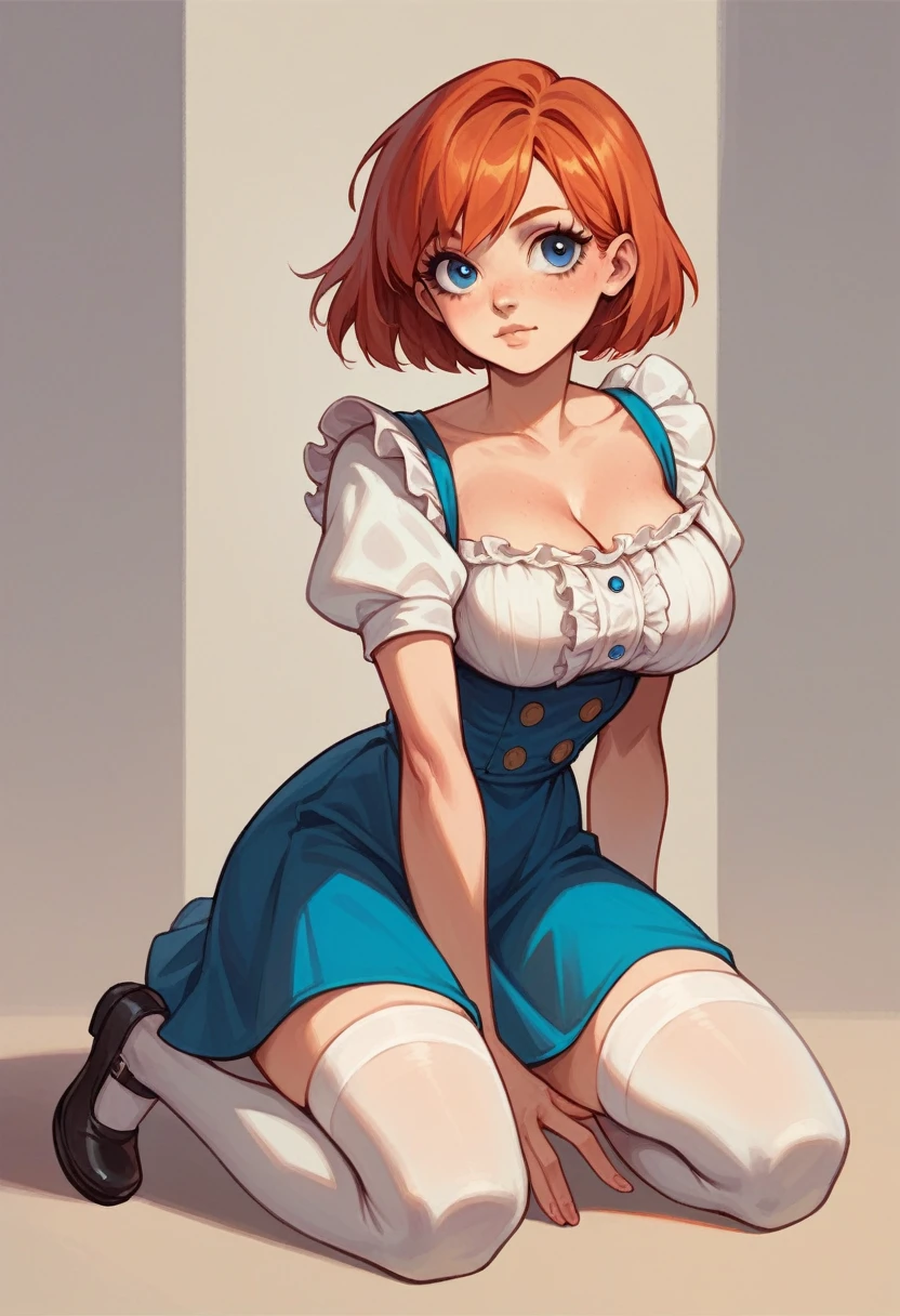 Cute, woman, ginger hair, bob cut, blue eyes, big breasts, hourglass body, small waist, ruffle pastel bow white blouse, blue skirt, black Mary Jane shoes, white stockings, sitting on knees,