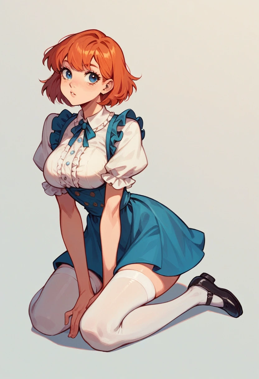 Cute, woman, ginger hair, bob cut, blue eyes, big breasts, hourglass body, small waist, ruffle pastel bow white blouse, blue skirt, black Mary Jane shoes, white stockings, sitting on knees,