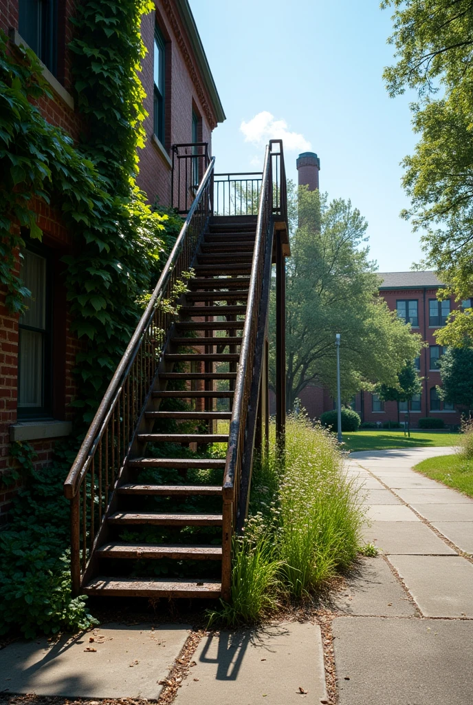 create a photo of an empty university fire escape