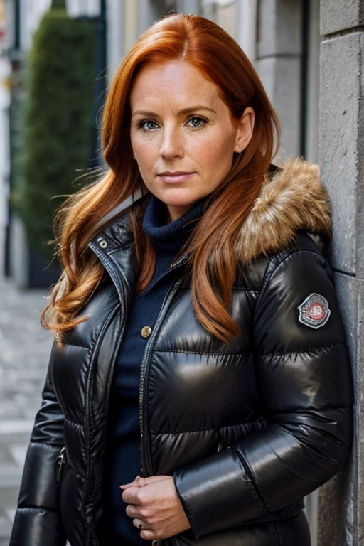 Medium view, of middle aged, 40 year old, mom, gilf, milf, face portrait, chubby, freckles, long ginger hair, black moncler puffer jacket, leather leggings, in dublin