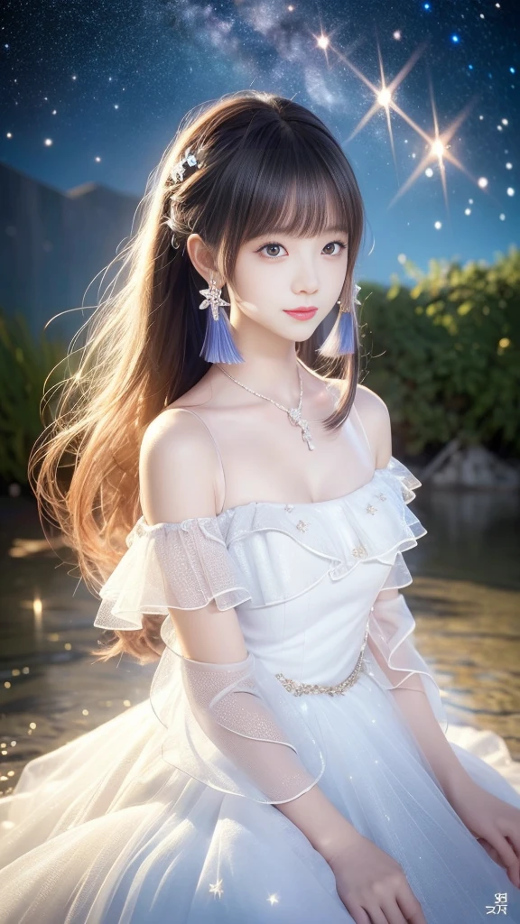 korean woman, best quality, masterpiece, illustration, Practical, photo-Practical, Astonishing, Fine details, Ridiculous, Huge file size, Extremely detailed, high resolution, Extremely detailed CG unity 8k wallpaper, National Foundation, Close-up of a young woman,She has exquisite, Youthful face and natural makeup. She wore flowing, Transparent off-shoulder white dress, The tulle material clung to her body, Revealing the traces of her skin and figure. The dress has a slightly lower neckline, Highlighting her bare shoulders and collarbones. She stood in shallow water, The translucent material of her clothes blends in with the water, Create an ethereal, Fantastic effects. The dress is decorated with sparkling, Glowing stars that seem to glow from within. The night sky surrounds her, Starry sky and Milky Way galaxy with sparkling shooting stars. This scene exudes a kind of natural wonder and pure charm.