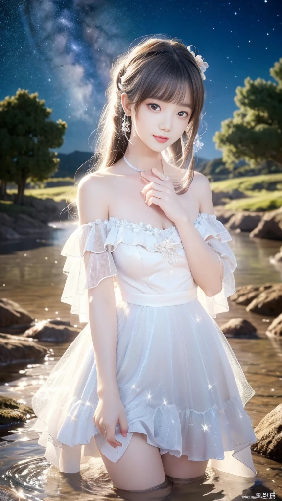 korean woman, best quality, masterpiece, illustration, Practical, photo-Practical, Astonishing, Fine details, Ridiculous, Huge file size, Extremely detailed, high resolution, Extremely detailed CG unity 8k wallpaper, National Foundation, Close-up of a young woman，She has exquisite, Youthful face and natural makeup. She wore flowing, Transparent off-shoulder white dress, The tulle material clung to her body, Revealing the traces of her skin and figure. The dress has a slightly lower neckline, Highlighting her bare shoulders and collarbones. She stood in shallow water, The translucent material of her clothes blends in with the water, Create an ethereal, Fantastic effects. The dress is decorated with sparkling, Glowing stars that seem to glow from within. The night sky surrounds her, Starry sky and Milky Way galaxy with sparkling shooting stars. This scene exudes a kind of natural wonder and pure charm.