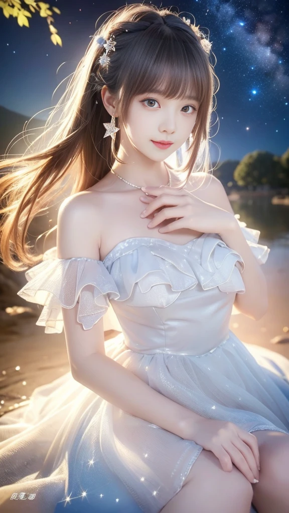 korean woman, best quality, masterpiece, illustration, Practical, photo-Practical, Astonishing, Fine details, Ridiculous, Huge file size, Extremely detailed, high resolution, Extremely detailed CG unity 8k wallpaper, National Foundation, Close-up of a young woman，She has exquisite, Youthful face and natural makeup. She wore flowing, Transparent off-shoulder white dress, The tulle material clung to her body, Revealing the traces of her skin and figure. The dress has a slightly lower neckline, Highlighting her bare shoulders and collarbones. She stood in shallow water, The translucent material of her clothes blends in with the water, Create an ethereal, Fantastic effects. The dress is decorated with sparkling, Glowing stars that seem to glow from within. The night sky surrounds her, Starry sky and Milky Way galaxy with sparkling shooting stars. This scene exudes a kind of natural wonder and pure charm.