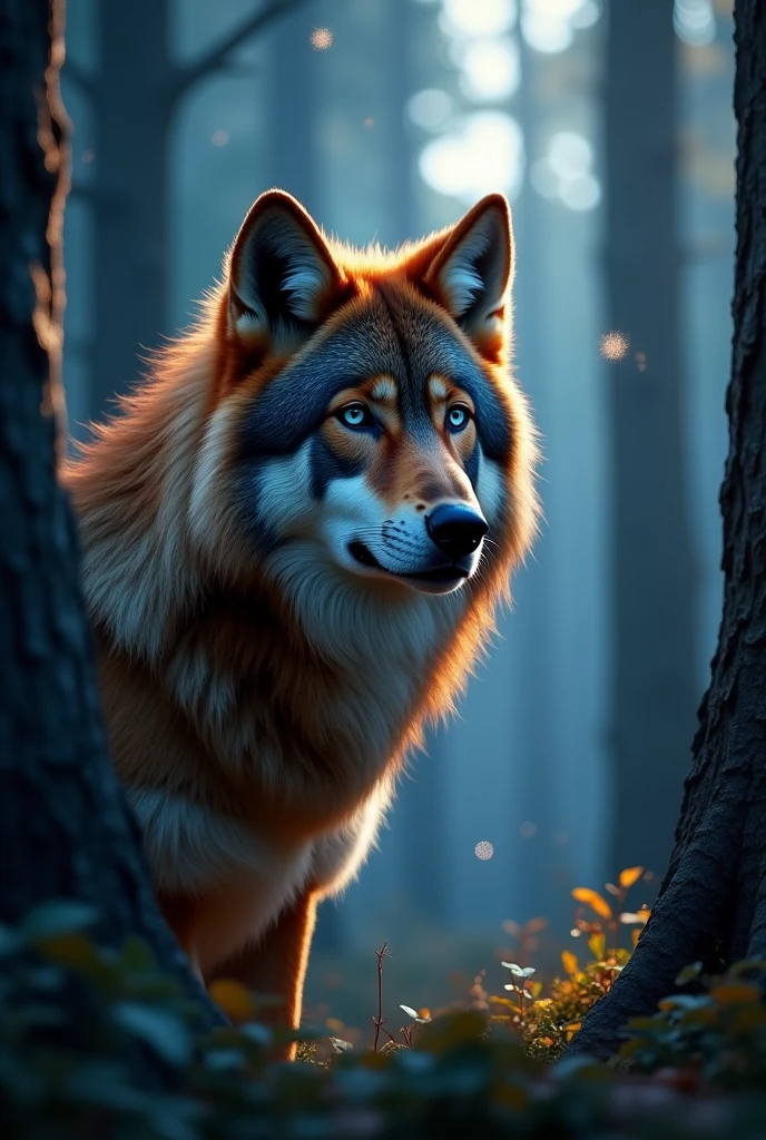 Brown wolf white eyes face