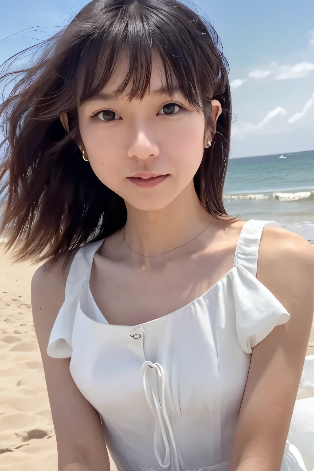 8k, highest quality, masterpiece, photogravure, super high resolution, RAW Photos, One Girl, a skinny Japanese woman, 30 years old, thin waist, slender legs, (cute face, detailed face: 1.4), (detailed eyes: 1.4), standing on the beach, leaning forward, a black hair, (wearing a white cotton dress next to the skin: 1.4). (The dress flutters in strong winds.) (She is straightening legs up, spreading legs slightly), anatomically correct body