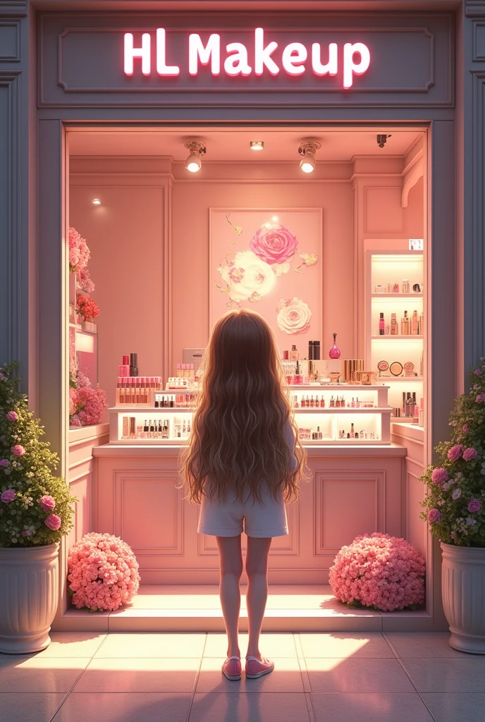 white girl, with light brown hair, brown eyes, looking at a makeup store named "hl makeup"
