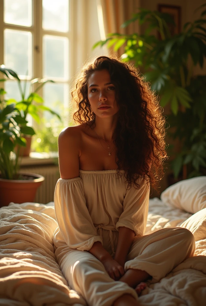 (photorealism:1.2), beautiful woman, sitting on bed, wearing loose off-shoulder top, pajama pants, long curly hair, indoors, soft lighting, plants in background, window with sunlight, cozy room, relaxed pose, realistic, intricate details, warm colors, by Greg Rutkowski, by Alphonse Mucha