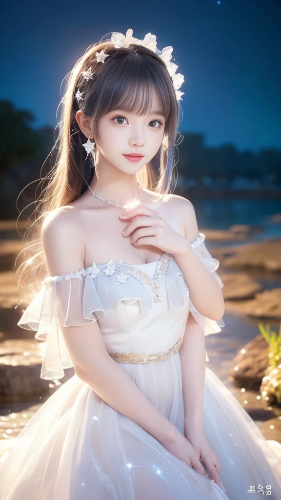 korean woman, best quality, masterpiece, illustration, Practical, photo-Practical, Astonishing, Fine details, Ridiculous, Huge file size, Extremely detailed, high resolution, Extremely detailed CG unity 8k wallpaper, National Foundation, Close-up of a young woman，She has exquisite, Youthful face and natural makeup. She wore flowing, Transparent off-shoulder white dress, The tulle material clung to her body, Revealing the traces of her skin and figure. The dress has a slightly lower neckline, Highlighting her bare shoulders and collarbones. She stood in shallow water, The translucent material of her clothes blends in with the water, Create an ethereal, Fantastic effects. The dress is decorated with sparkling, Glowing stars that seem to glow from within. The night sky surrounds her, Starry sky and Milky Way galaxy with sparkling shooting stars. This scene exudes a kind of natural wonder and pure charm.