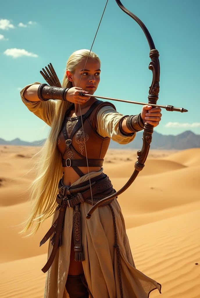 Elf woman , long straight hair, wearing a leather chest piece and medieval clothing, wielding a bow, in a desert, best qualityer, high fantasy.