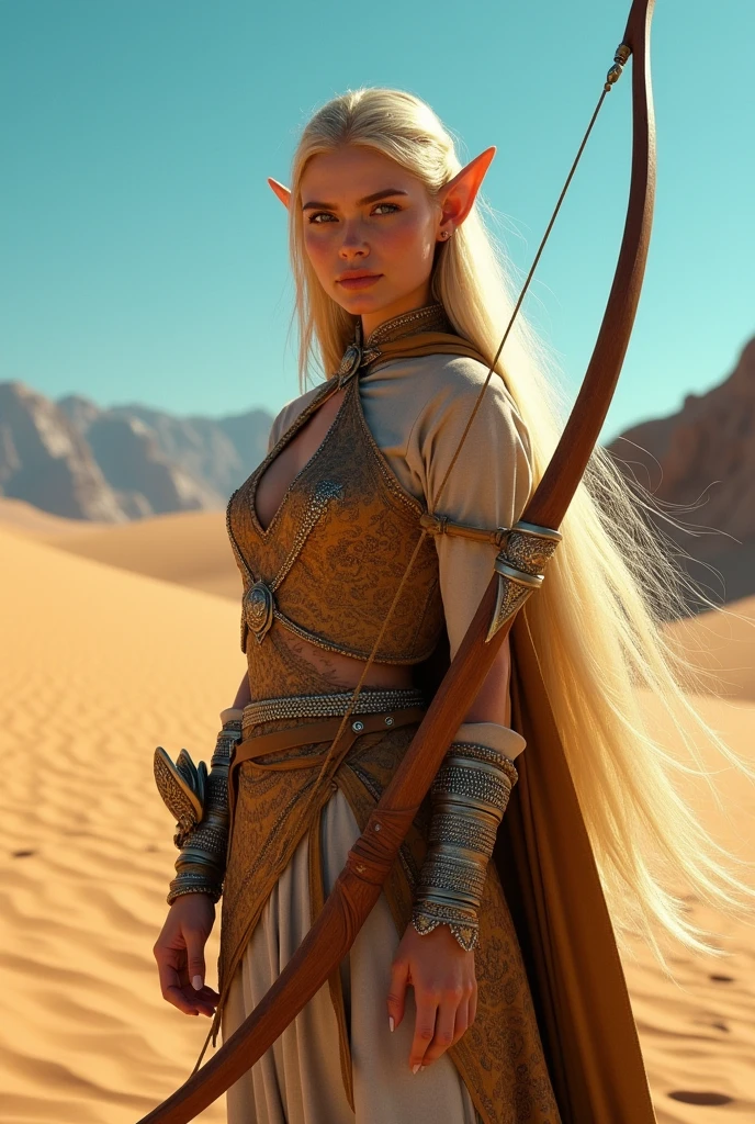 Elf woman , long straight hair, wearing a leather chest piece and medieval clothing, wielding a bow, in a desert, best qualityer, high fantasy.