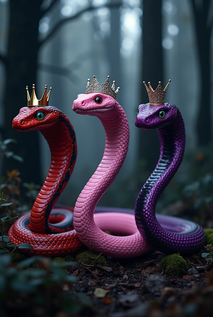 three snakes together like Regina, Karen and Gretchen from MEAN GIRLS.
first snake a mamba, with fire red white and black color, and a king crown and reflective neorave sunglasses.
second snake a viper, with baby pink color, and a princess tiara.
third snake a rattlesnake, with deep bright purple color, with a QUEEN crown.
All Together in a black forest, spitting acid venom.