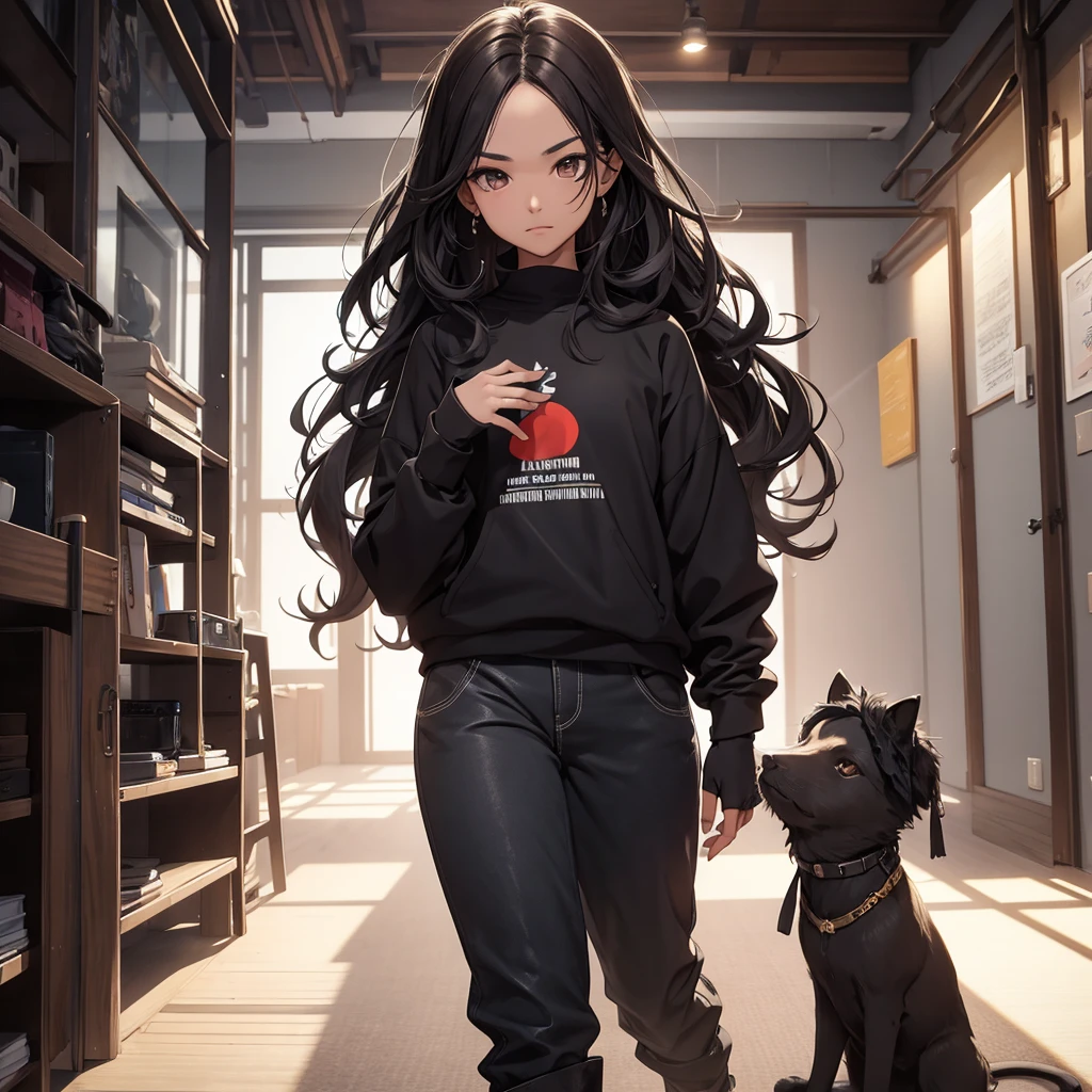 [a SINGLE beautiful girl with long black wavy hair, dark skin, light brown eyes, thin eyebrows, defined jaw, V-shaped face, wearing black sweatshirt with "Y/N" text on it, gray pants, black boots, fingerless gloves, indoor Japanese-style room environment with daylight, realistic, photorealistic, photorealistic: 1.37, best quality, 4k, 8k, high resolution, masterpiece: 1.2, ultra detailed, HDR, UHD, studio lighting, ultra fine painting, sharp focus, physically based rendering, extreme detail depiction, professional, vivid colors, bokeh]