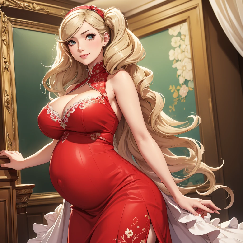 (Highest quality). (Super detailed). (One person), View the viewer. (Detailed Background). Beautiful and fine details. Delicate and beautiful face. (High saturation), Big breasts, Saggy breasts, Seductive long dress, whole body, Long legs, (((Huge breasts))),Blonde,antakamaki,pregnancy,smile，Big belly