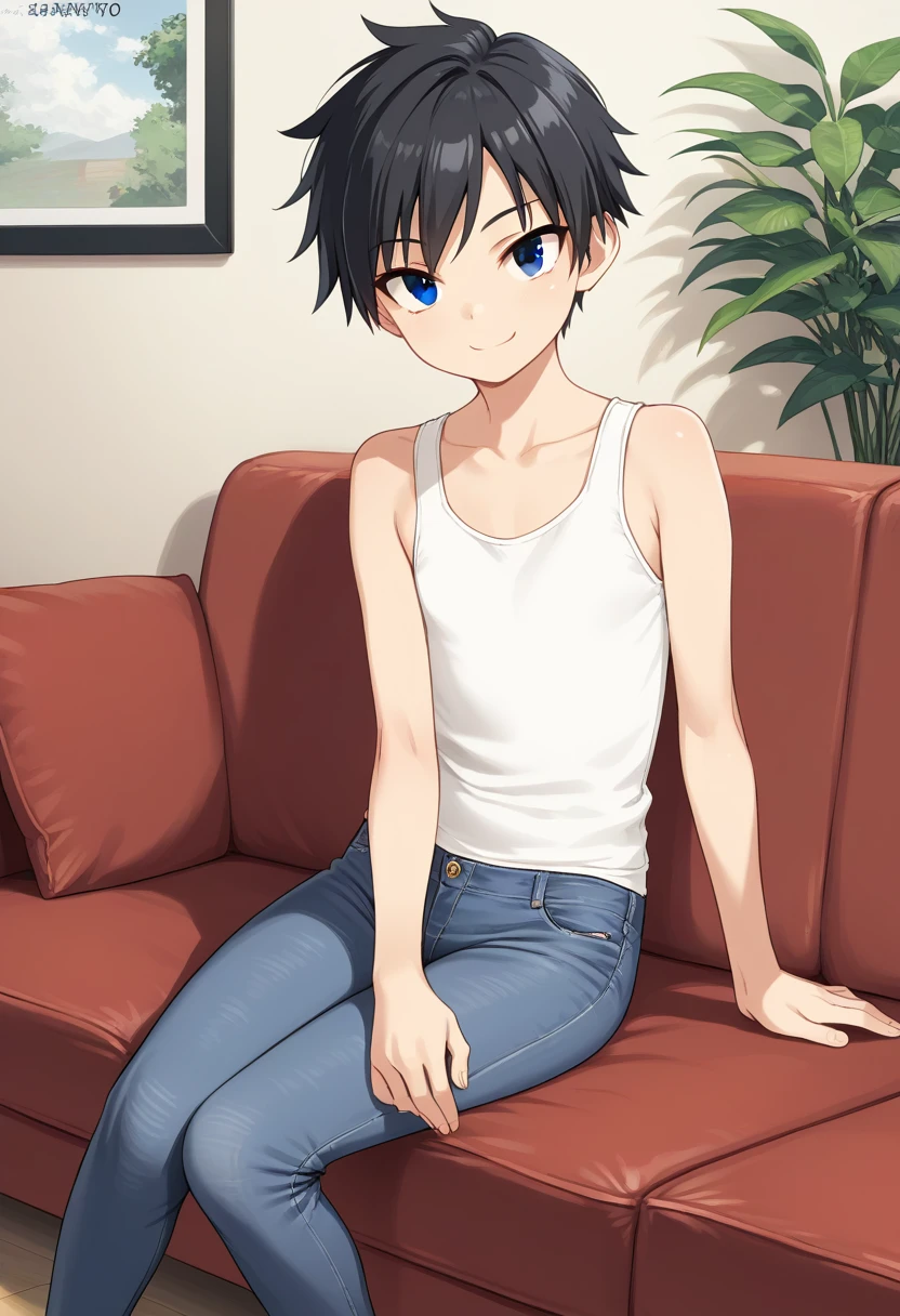 1girl, solo, tomboy, 20yo, straight hair, short hair, black hair, score_9, black eyes, flat chest, white tank top, jeans, sitting, sofa, indoors, looking at viewer, smile
