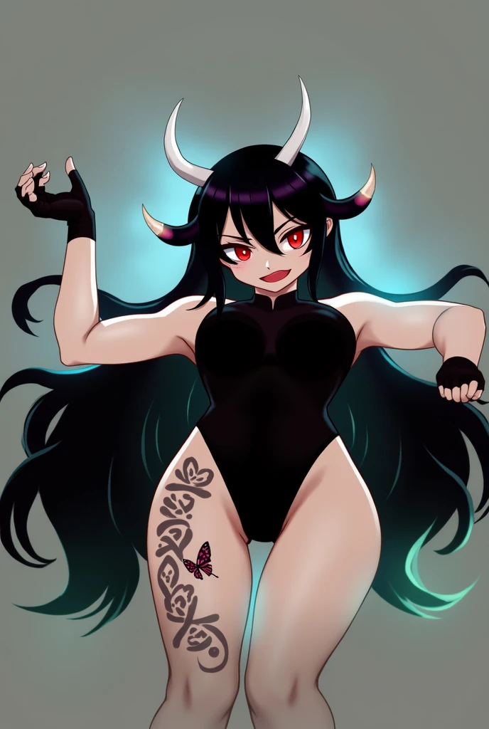 A beautiful black-haired woman with two white horns, red eyes, and a sexy face, wearing a tight bodysuit and elbow-length gloves, a butterfly tattoo on her left thigh and kanji letters on her right, (best quality,4k,8k,highres,masterpiece:1.2),ultra-detailed,(realistic,photorealistic,photo-realistic:1.37),highly detailed face, beautiful detailed eyes, beautiful detailed lips, extremely detailed eyes and face, long eyelashes, intricate tattoo design, detailed bodysuit, dynamic pose, dramatic lighting, cinematic composition, vibrant colors, dark fantasy