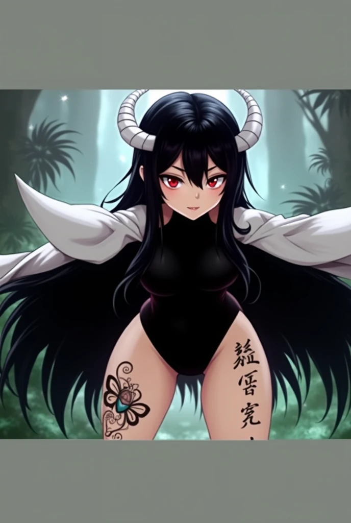 A beautiful black-haired woman with two white horns, red eyes, and a sexy face, wearing a tight bodysuit and elbow-length gloves, a butterfly tattoo on her left thigh and kanji letters on her right, (best quality,4k,8k,highres,masterpiece:1.2),ultra-detailed,(realistic,photorealistic,photo-realistic:1.37),highly detailed face, beautiful detailed eyes, beautiful detailed lips, extremely detailed eyes and face, long eyelashes, intricate tattoo design, detailed bodysuit, dynamic pose, dramatic lighting, cinematic composition, vibrant colors, dark fantasy