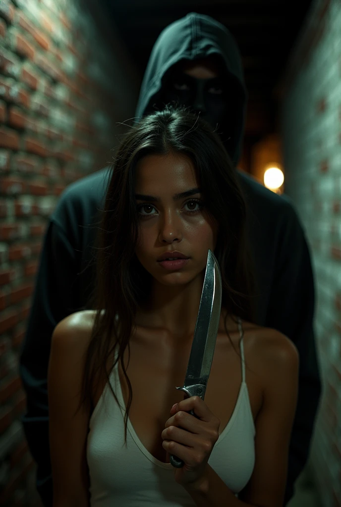 Tanned skinned Latina girl with a serious face and a white strappy top with loose hair and features similar to Maddy half hidden in the dark with a knife in front of her face with the shadow of Ghostface 