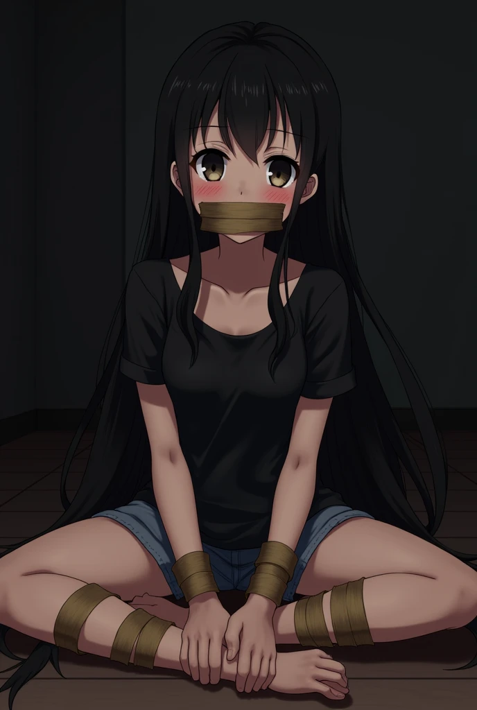 Black long hair untied sitting position wearing a black t-shirt with an open stomach and light brown tape around her mouth help me! Anime girl with tape wrapped around her hands behind her back with brown tape Anime girl with tape wrapped around her feet and red cheeks