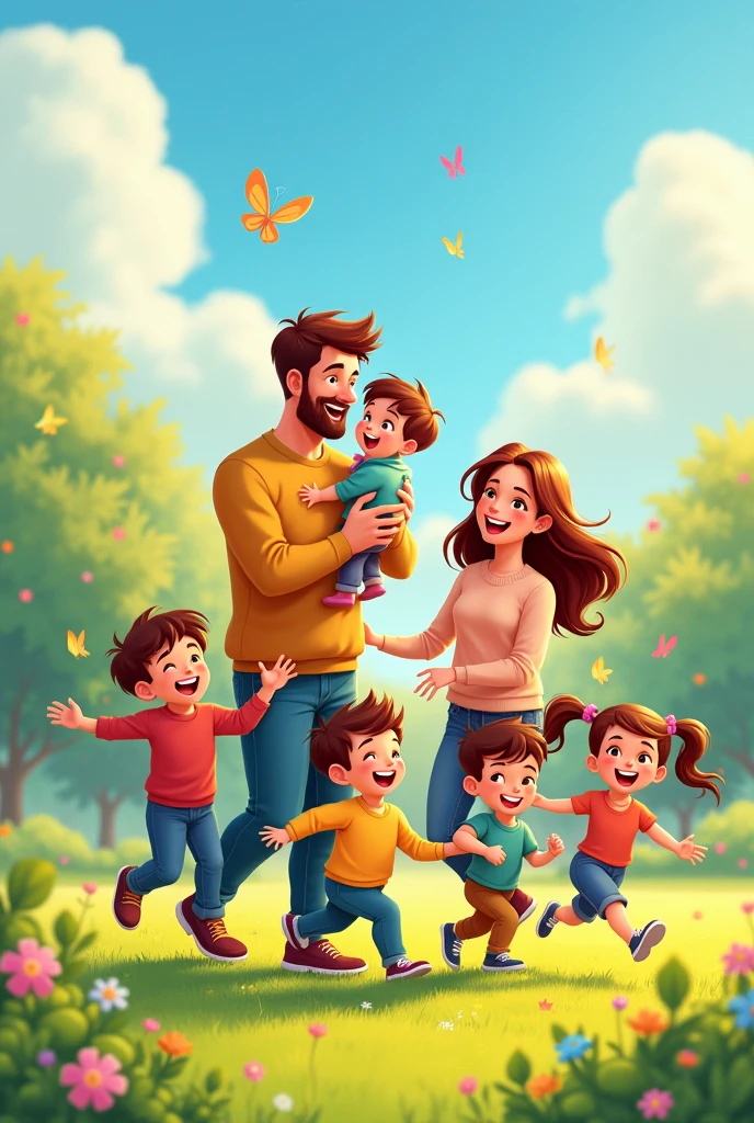 A family of seven, brunettes, with husband and wife, three boys, one girl, one , cartoon