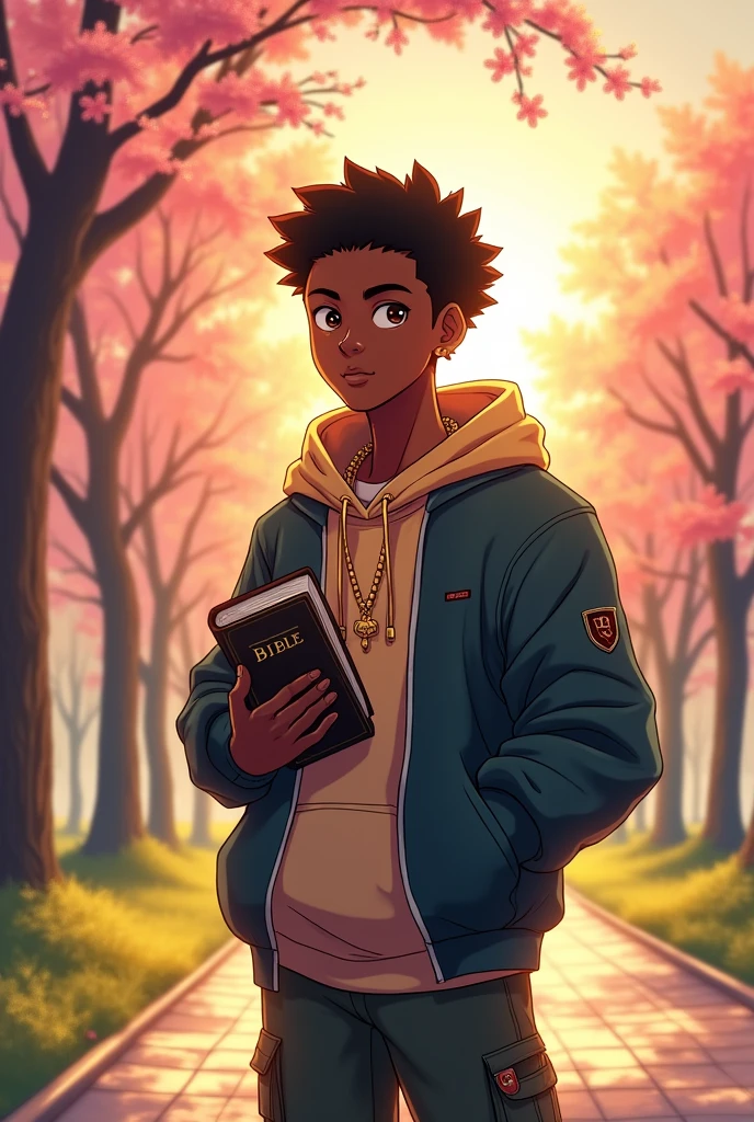 Images of a young black man in anime holding the holy bible 
