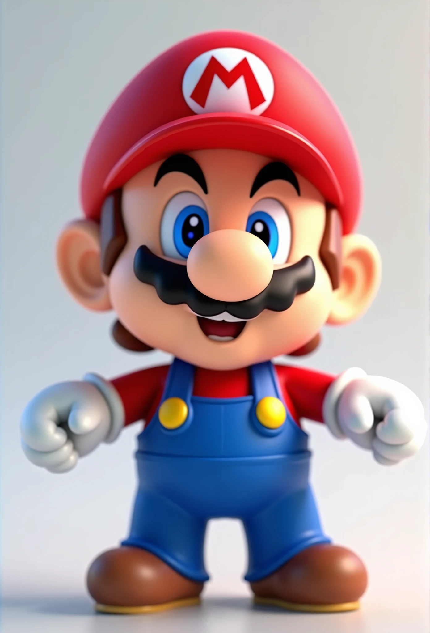 (Mario), design of character, Nintendo Super Mario, (blue colored eyes, Red Hat, red suit, blue suspenders, whitegloves, )super cute blind box style, chibi, whole body, exaggerated expressions and actions, clean the background, Shiny Iridescent Highlights, studio lighting, atmospheric lighting, with exquisite texture, high detaild, high resolution, C4D, 。.3d, Blender, 8k, best qualityer, 