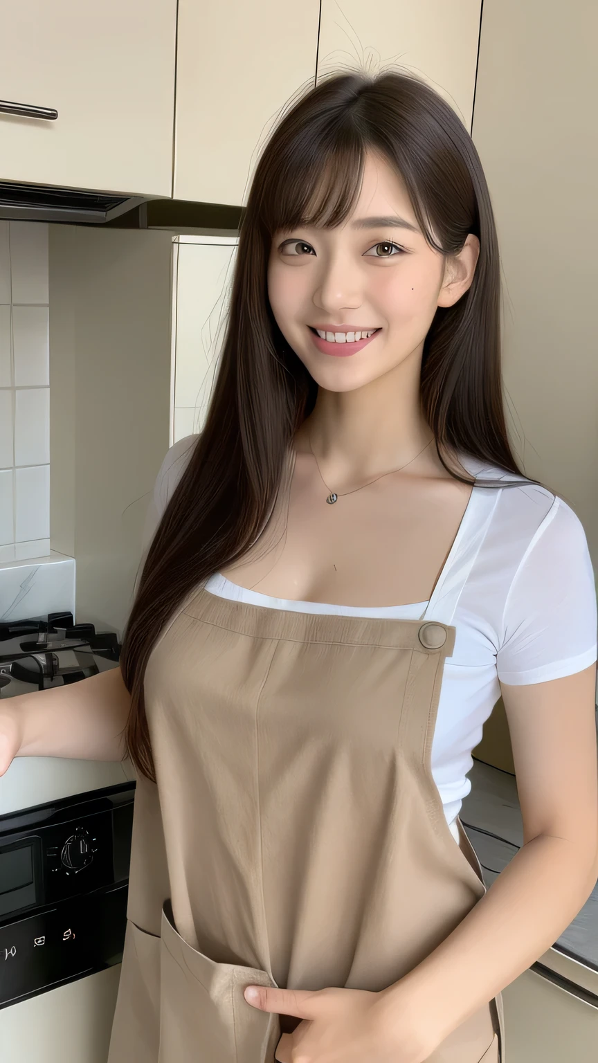 (highest quality、8k、masterpiece:1.3)、Beautiful woman with perfect figure:1.4、Dark brown long hair、30 years old、Wearing a pendant、Wearing a brown apron、White shirt、Wide open chest、Emphasize cleavage、In the kitchen、Highly detailed face and skin、Fine grain、double eyelid、Big Breasts 、Laughter、 Big Asuscular,full body,立ち絵, 