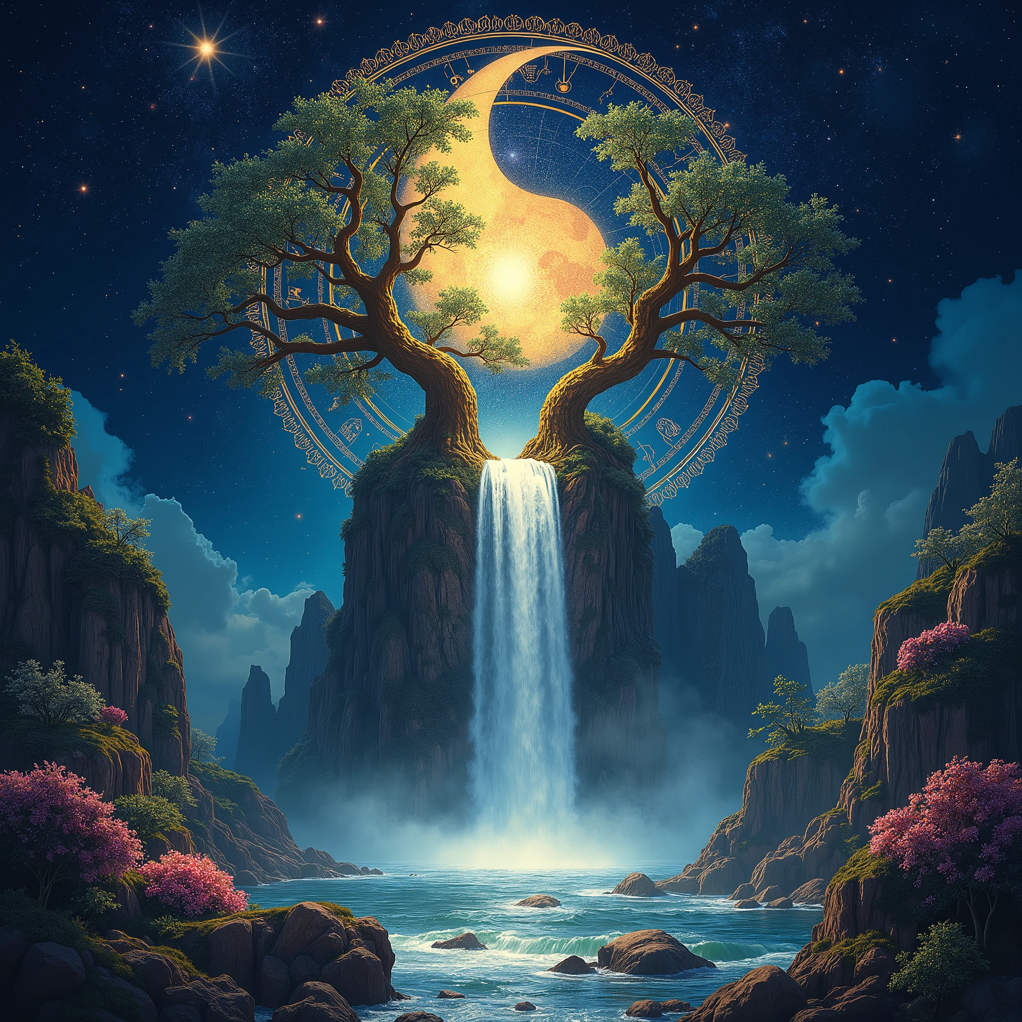 Waterfall from Beautiful Tree of Life Yggdrasil :: yin yang of nature :: Floral :: Beautiful :: dynamic :: highly detailed :: hope :: universe :: hyperrealism :: radiant :: hyperdetailed :: intricate :: elaborate :: meticulous :: panoramic :: cinematic :: exciting :: highly detailed :: celestial. Illuminated Constellation And Glowing Twinkling Star Chart, Fantasy Art, Arcane, Occult, Galactic, Space, Art Nouveau Flourish, Baroque, Rococo, Digital Painting , Concept Art, Trending On Artstation