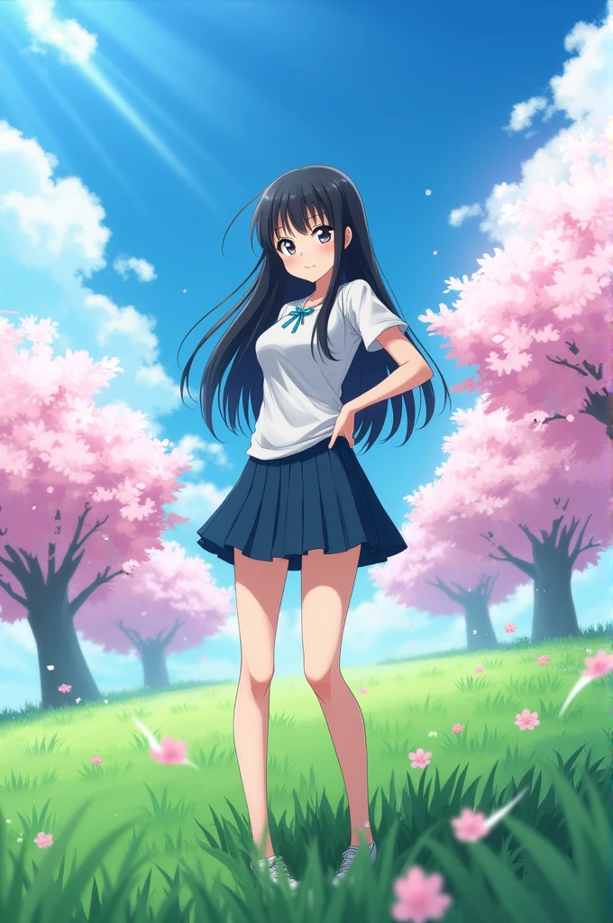 Х1Н4Т4, 1girl, Hyūga Hinata, solo, (Realistic:0.5), Masterpiece, solo, (Best Quality, Perfect detail, Beautifully detailed face, Detailed eyes), Brilliant brilliance, Ray Tracing, Depth of field, HDR, gradient eyes, Sharp eyelashes, ((Lashes)), mascara, Detail_s face, Lashes, Shiny hair, Flirting, Seduction Smile, parted lips, Average Breasts,, (Floating soft particles:1.1), ((looking a viewer)), (Playmate pose:1.1), (full - body:1.1), ((8k wallpaper)), ((hight resolution)), Long hair, black hair, white eyes, (pants:1.2), Hand on hip, hood, Bangs, full - body, Standing, blurry, looking a viewer, long sleeves, Smile, (grass field:1.4), (a tree:1.2), (cherry blossom:1.3), (blue skies:1.3), (Sun),