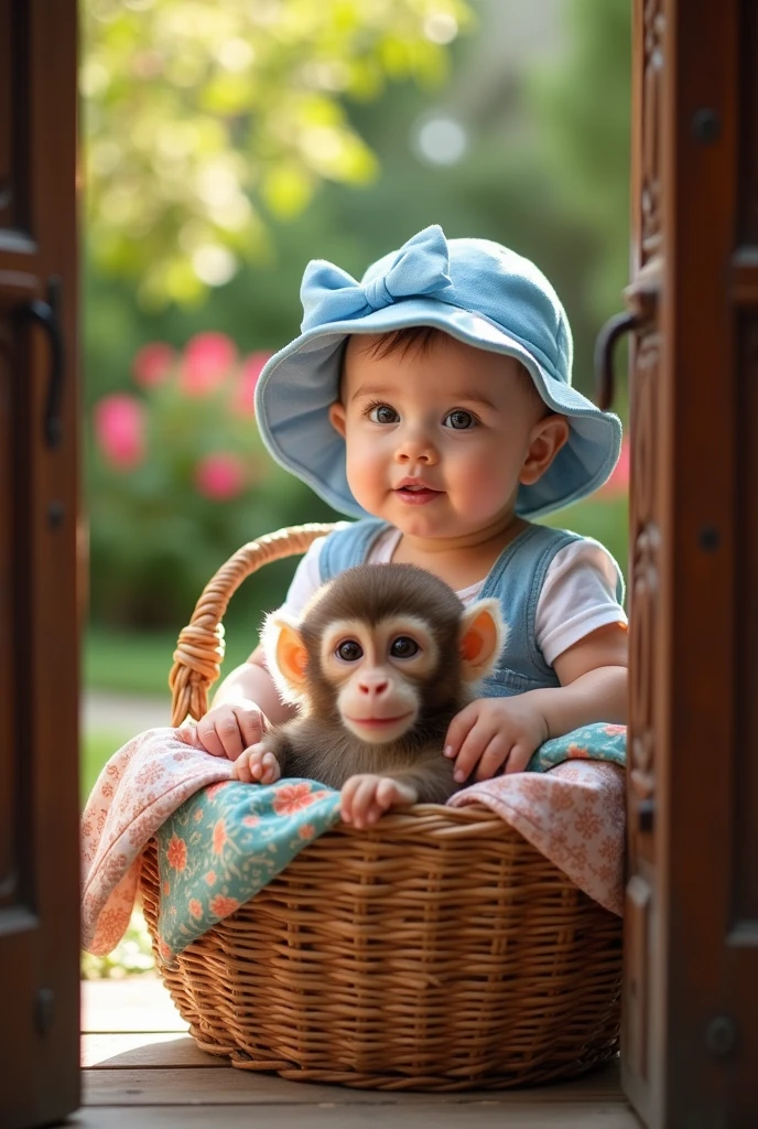  girl with a blue hat 
And a monkey inside a beautiful basket
Behind the courtyard door