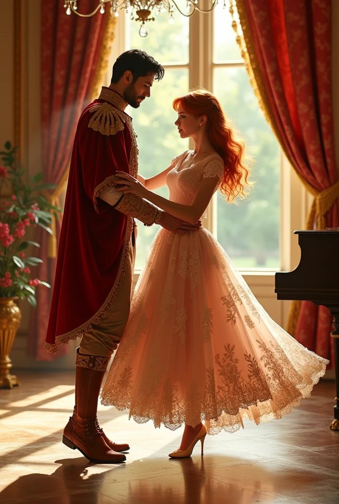 Create a red-haired girl, dainty, pretty, muito pretty MUITO BONITA, dancing with a tall prince, brown hair and deep brown eyes, the scenery is from the royal palace, they are in a room that has a piano and a beautiful view, the girl is wearing the MOST BEAUTIFUL DRESS OF ALL, and your eye is beautiful
