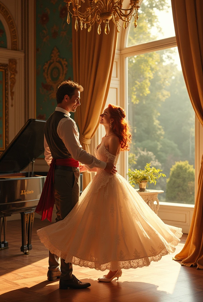 Create a red-haired girl, dainty, pretty, muito pretty MUITO BONITA, dancing with a tall prince, brown hair and deep brown eyes, the scenery is from the royal palace, they are in a room that has a piano and a beautiful view, the girl is wearing the MOST BEAUTIFUL DRESS OF ALL, and your eye is beautiful