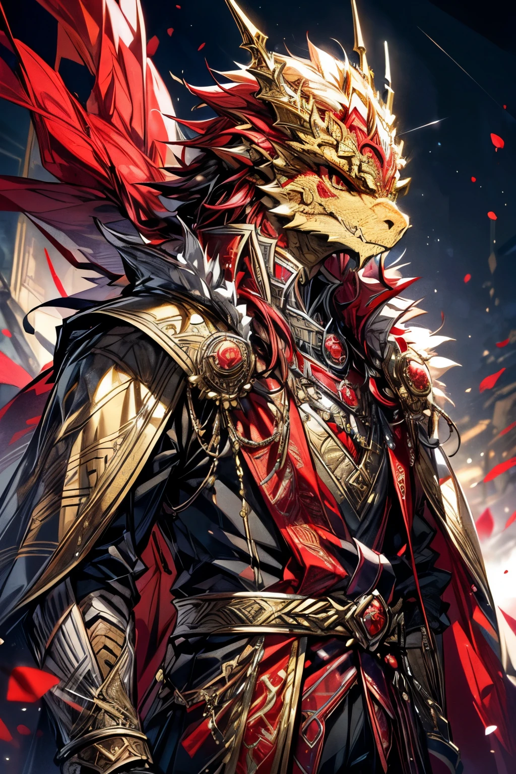 (masterpiece, best quality, perfect face, expressive eyes), 1boy, (male), (adult), (anime). intricate details, yellow dragonborn, red eyes, gold crown, red gems, golden accents, fur cloak, fancy red clothing,