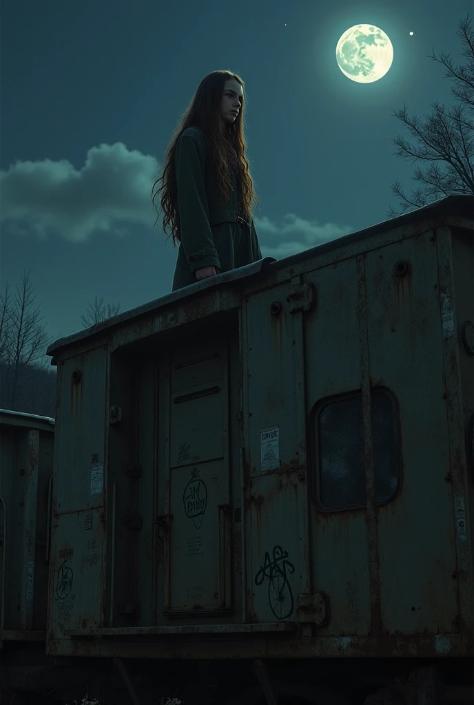 sad male teenager with details tall hair long brown hair standing on top of an old train at night best quality 