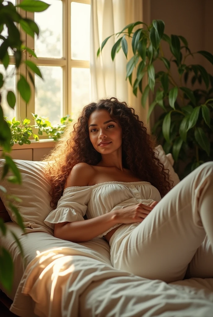 (photorealism:1.2), beautiful woman, sitting on bed, wearing loose off-shoulder top, pajama pants, long curly hair, indoors, soft lighting, plants in background, window with sunlight, cozy room, relaxed pose, realistic, intricate details, warm colors, by Greg Rutkowski, by Alphonse Mucha