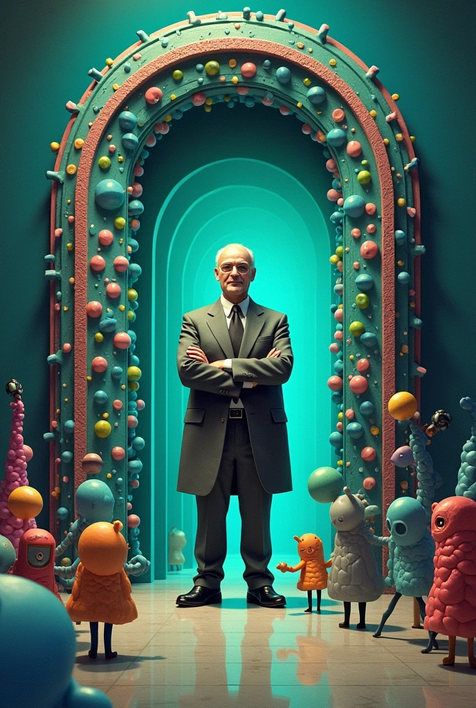 You could draw a scene where a cell (personified as a security guard) it is "controlling access" to a door representing the cell membrane. Intrinsic proteins, personified as characters with costumes that allow them "melt" with the door, it isn siendo "admitted" by the guard. The door has a double-layer design (like the lipid bilayer) and the protein characters could be in the middle of crossing it, with part of their bodies on one side of the door and the other part on the other.
Esto simboliza cómo las proteínas intrínsecas it isn embebidas en la membrana y son esenciales para regular el acceso y comunicación a través de ella.