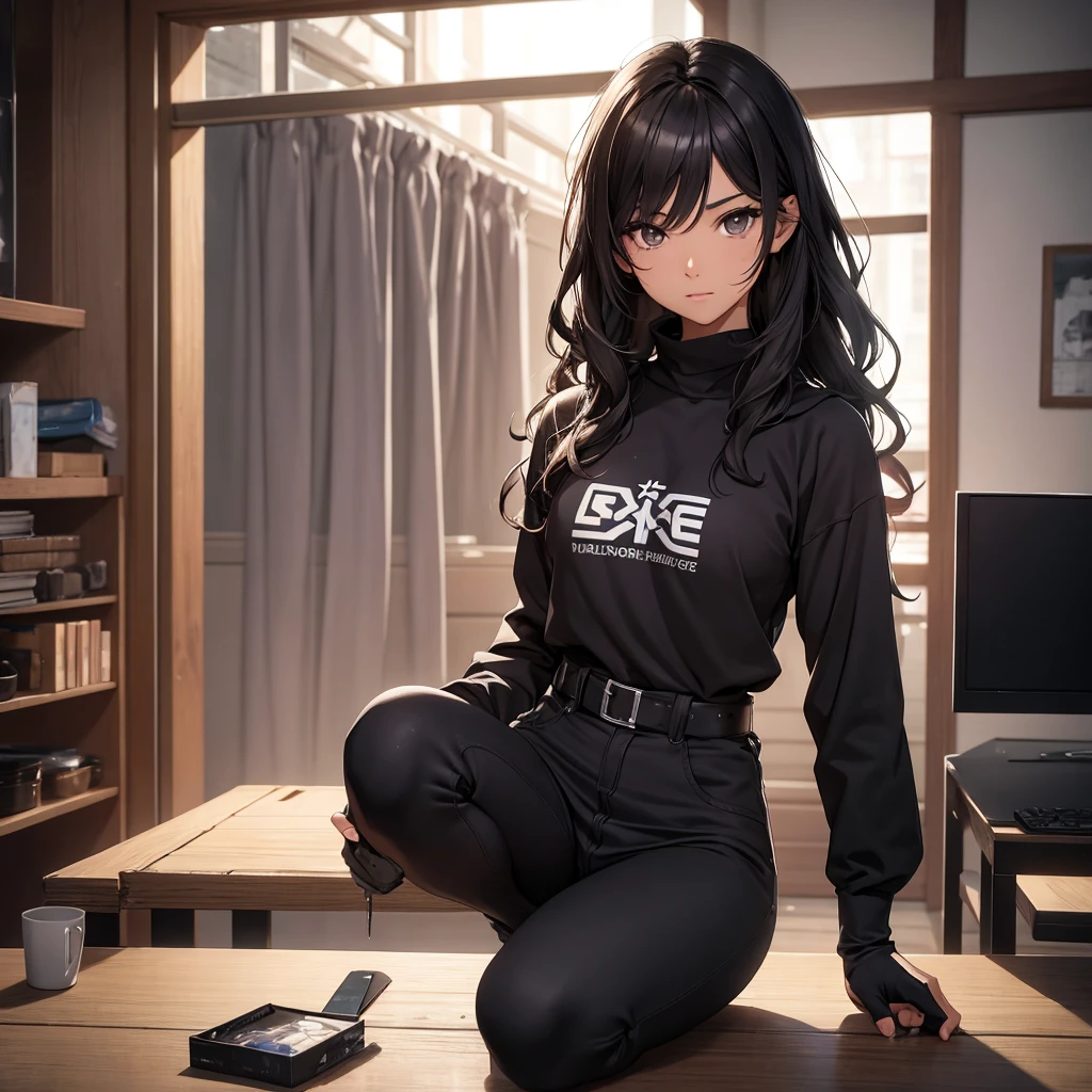 [a SINGLE beautiful girl with long black wavy hair, dark skin, light brown eyes, thin eyebrows, defined jaw, V-shaped face, wearing black sweatshirt with "Y/N" text on it, gray pants, black boots, fingerless gloves, indoor Japanese-style room environment with daylight, realistic, photorealistic, photorealistic: 1.37, best quality, 4k, 8k, high resolution, masterpiece: 1.2, ultra detailed, HDR, UHD, studio lighting, ultra fine painting, sharp focus, physically based rendering, extreme detail depiction, professional, vivid colors, bokeh]