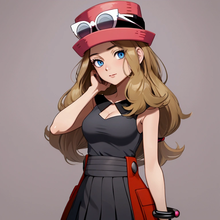 highly detailed face and skin texture, detailed eyes, double eyelids, cleavage, breasts, solo female, small breasts, bedroom, aaserena, solo, long hair, eyewear on headwear, pink headwear, eyelashes, blue eyes, sleeveless shirt, black shirt, bracelet, high-waist skirt, red skirt, black thighhighs