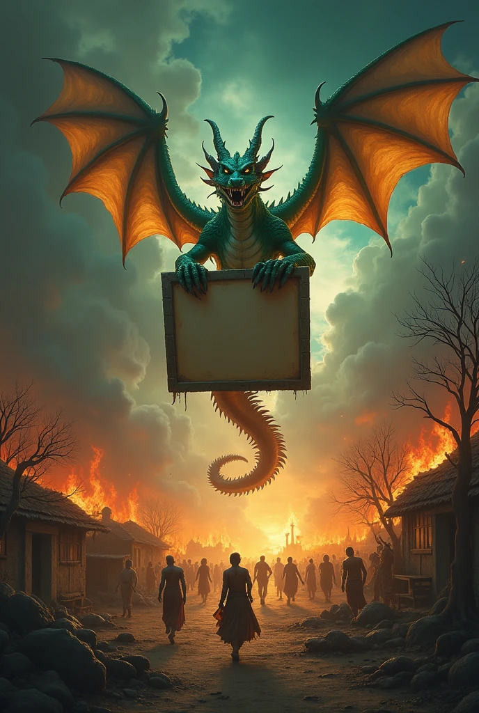 Generate an image of a dragon descending from the sky with a blank sign in its hand, as it descends, it sets fire to the inhabitants and they flee with expressions of fear