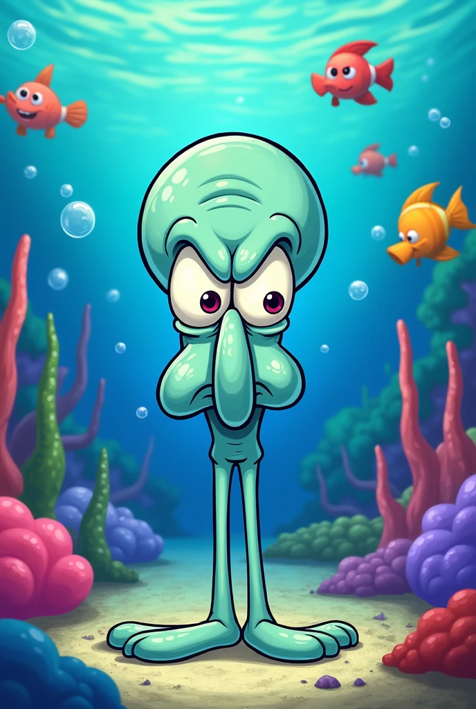 Draw Squidward Tentacles under the sea looking furiously at the viewer 