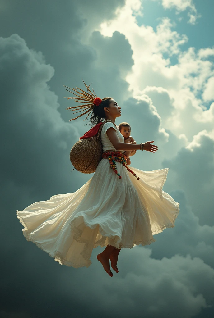 A beautiful Colombian indigenous woman , dancing in the air, levitating, wearing a typical white dress from the Colombian region , carrying many typical things from the region on her back and in her hands she carries a , sky with stormy and dramatic clouds, first prize winning photograph, dramatic photography, cinematic photography, Digital art, renaissance technique.