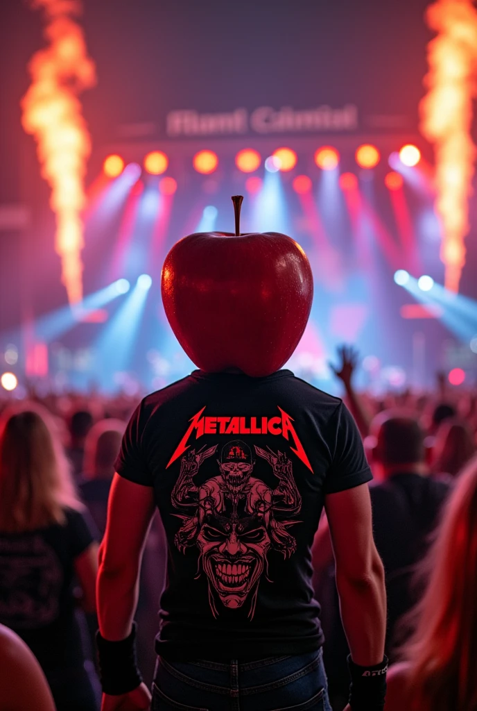 An apple at the Metallica show, This apple is very rock and roll, and it has a Metallica shirt 