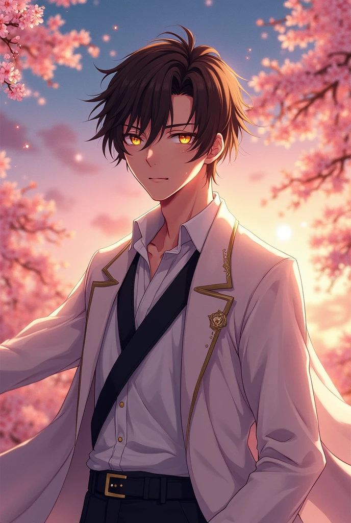 A male anime character with brown skin, brown hair, and golden pupils, wearing white clothes with black accents.
