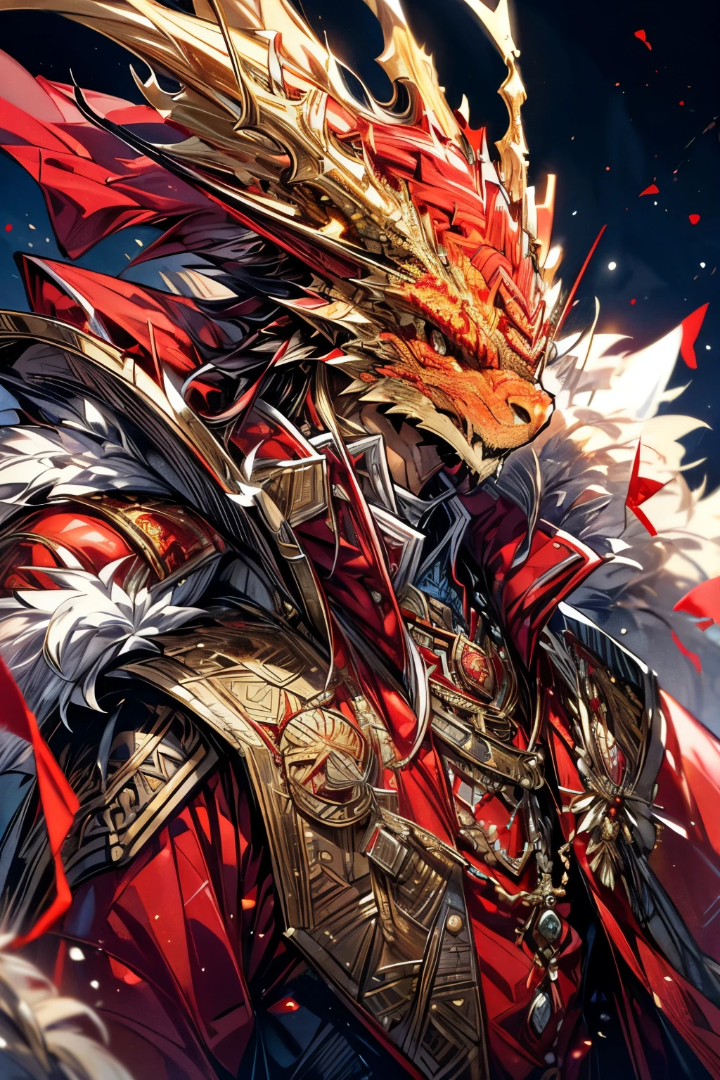 (masterpiece, best quality, perfect face, expressive eyes), 1boy, (male), (adult), (anime). intricate details, yellow dragon, red eyes, gold crown, red gems, golden accents, fur cloak, fancy red clothing,