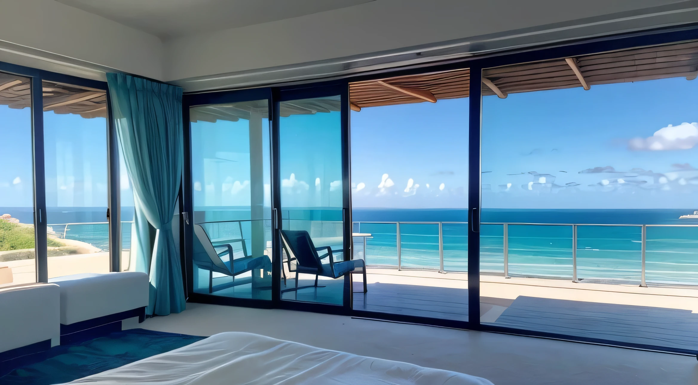 Image of an ocean view room with an attractive open sea view while admiring the horizon where the blue sea meets the sky
