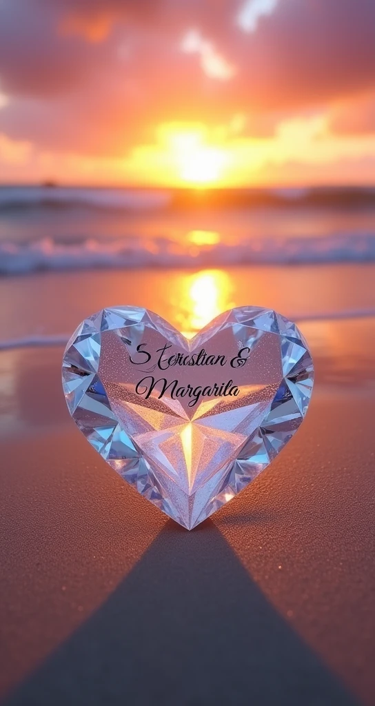 A diamond heart with writing in the center "Sebastian & margarita". The diamond is on the shore of the beach