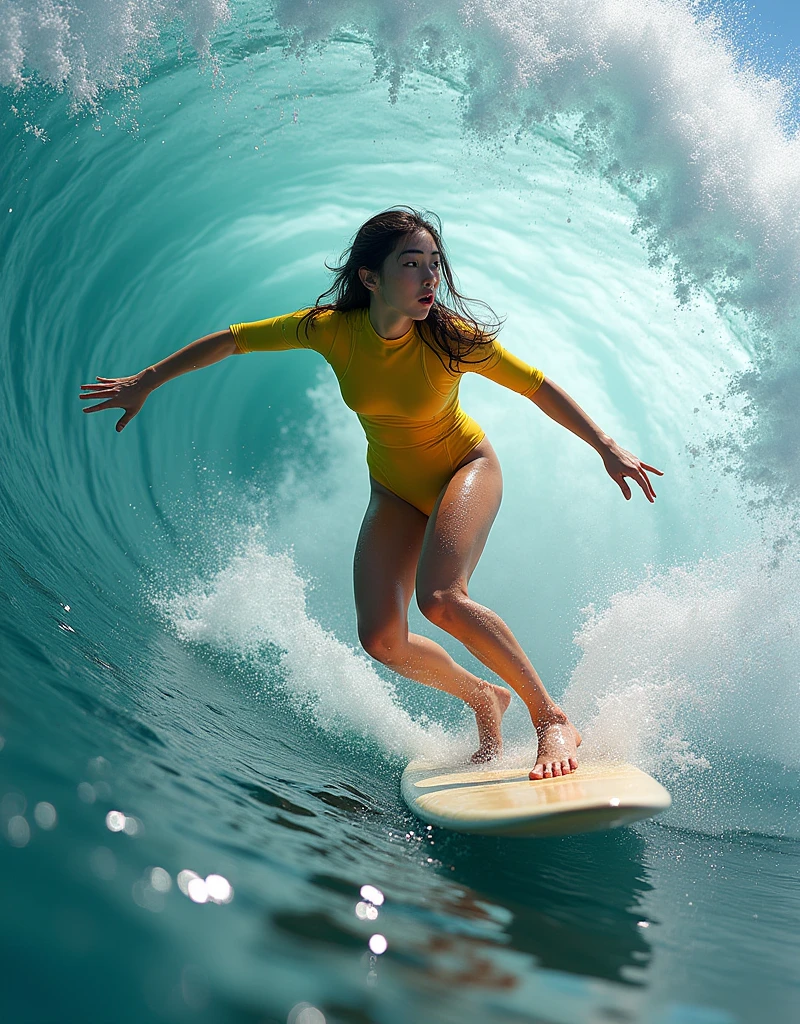 ultra-realistic, photorealistic, (20 years old Japanese famous idol girl:1.5), very beautiful Japanese but professional surfer, windsurfing on the huge vortex in the giant washing machine, dynamic surfing pose, masterpiece, (face focus:1.6), beautiful eyes, wearing a stylish wetsuits for surfing, very large breasts, beautiful face, very surprised expressions
