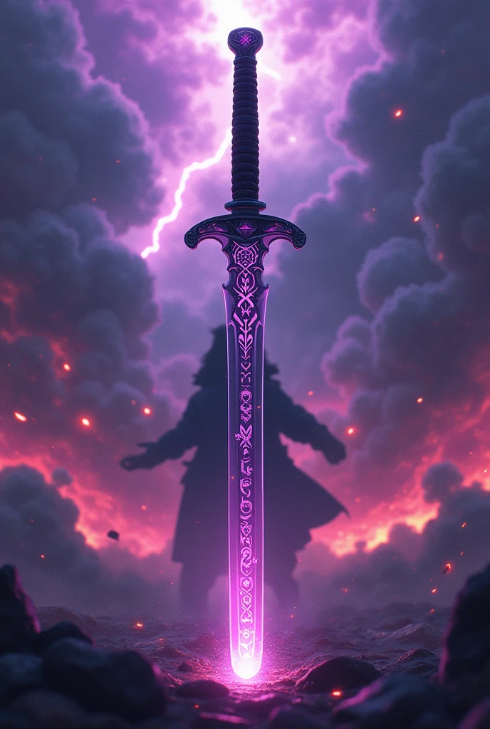 a katana with its pommel and crossguard interconnected, blade color predominantly purple, style of anime, battle background, create with full body, powerless