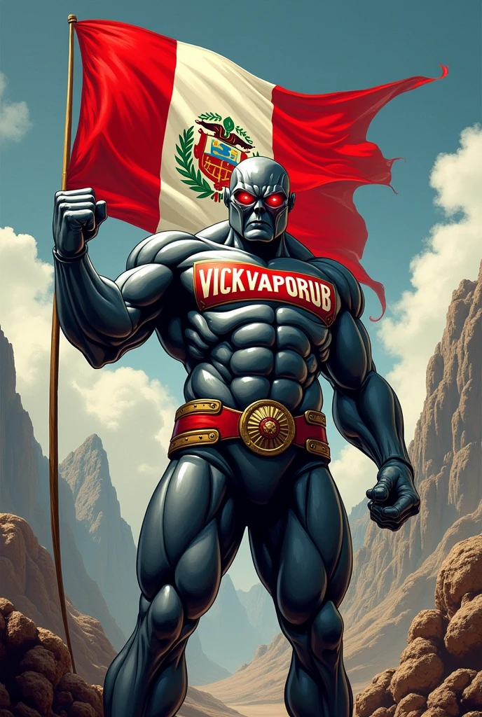 Strong VICKVAPORUB can with muscles and red eyes, On his chest he wears the name VICKVAPORUB and in one hand he carries the flag of Peru.